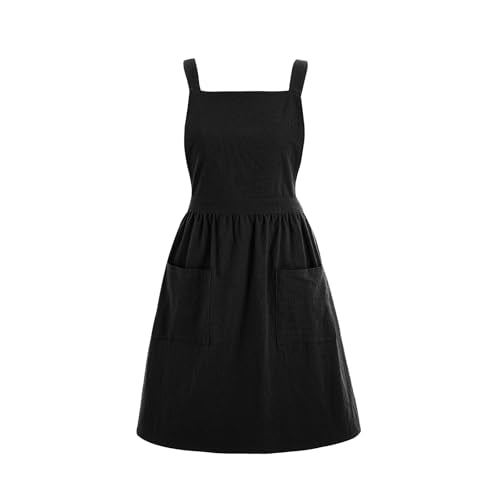 Pinknoke Cute Cotton Pinafore Aprons for Women with Pockets for Kitchen - color: Black