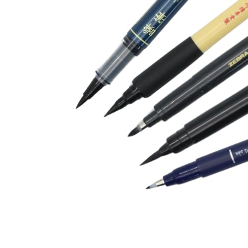 Japanese Brush Pen Sampler Set of 5 Bold Medium Fine Hard Soft Black