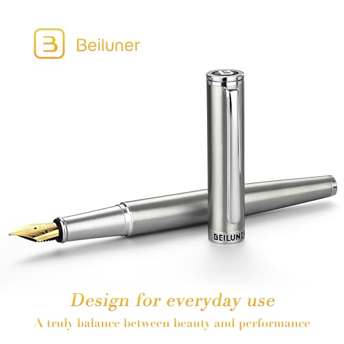 BEILUNER Luxury Fountain Pen Set,Solid 24K Gilded(Medium)-Charming Silver - color: Silver, style: Medium Nib