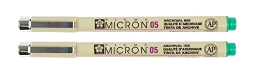SAKURA PIGMA MICRON 05 FINELINER PEN, 0.45MM LINE WIDTH, PACK OF 2 (Green) - color: Green