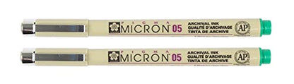SAKURA PIGMA MICRON 05 FINELINER PEN, 0.45MM LINE WIDTH, PACK OF 2 (Green) - color: Green