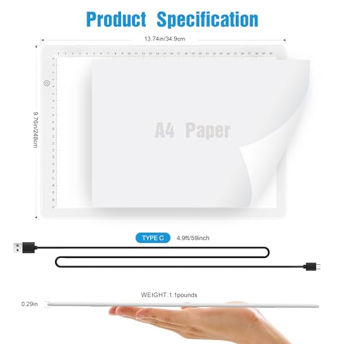 Comzler Tracing Light Board, A4 White Dimmable Brightness LED Light Table, Light Drawing Board for Tracing, Sketch Light Pad for Artists, Animation, Sketching, Stenciling