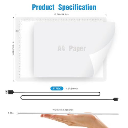 Comzler Tracing Light Board, A4 White Dimmable Brightness LED Light Table, Light Drawing Board for Tracing, Sketch Light Pad for Artists, Animation, Sketching, Stenciling