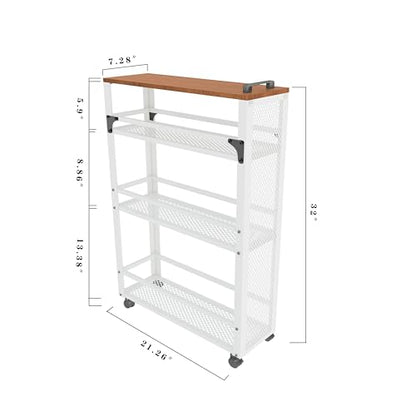 3-Tier Rolling Cart Slim - White Laundry Bathroom Kitchen - color: White