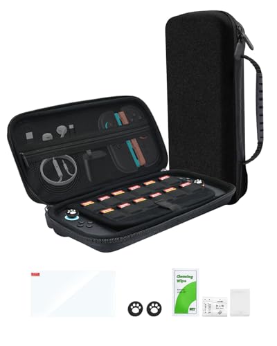 CHARM FOCUS Carrying Case for Nintendo Switch 2 Hard Case, Travel Bag Game Card Storage Pocket Portable Lightweight Protective Carrying Case, 1 Screen Protectors, 2 Thumb Caps,1 Set Cleaning Tool - color: Deep Black