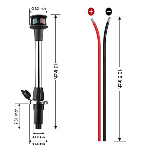 Bow Light LED Boat Navigation Lights Red and Green Bi-Color Lighting Pole Removable Plug in Base 12 Inches