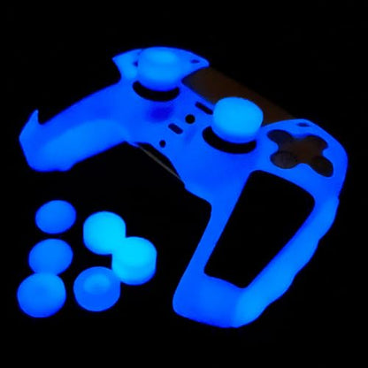 Glow in The Dark PS5 Controller Skin,Blue Anti Slip Soft Thicked Studded Silicone Cover Skins Compatible with PS5 Controller,Include 8 PCS Blue Thumb Grips Glow and 2 Cat Paw Grips Accessories. - color: Glow Blue Black