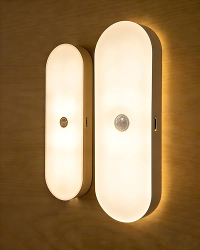 Rechargeable Night Light with Motion Sensor Battery 2 Pack- Portable Mini Stick-on Stick-on Warm White LED - for Bathroom, Bedroom, Kitchen, Cabinet, Stairs, Hallway