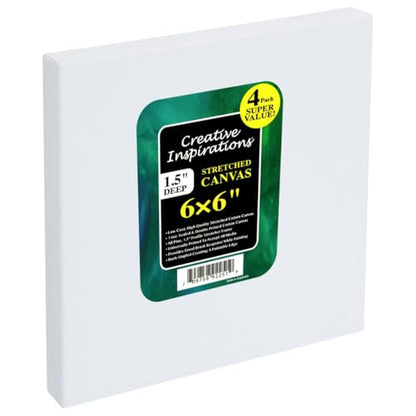 Creative Inspirations Stretched Canvas 4 Pack - 1-1/2" Deep, 6x6", 11oz Sealed & Double-Primed Cotton Canvases, Pine Stretcher Frame, Archival All-Media Primer - Alkyd, Acrylic & Oil Painting - size: 6x6"