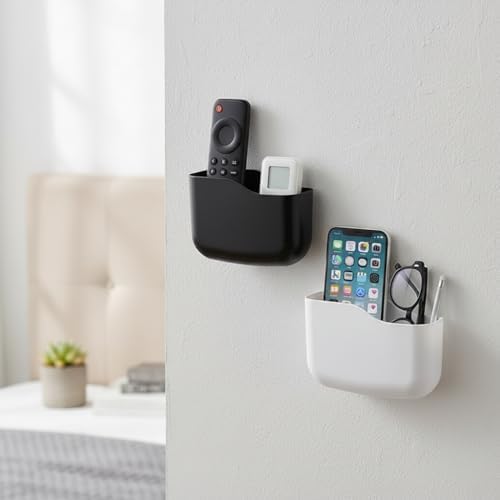 Wall/Bedside Remote Control Holder & Storage Box with Adhesive/Separable Mount - Plastic Media Player & Controller Organizer, Phone Charging Station, for TV Remotes,Stationery - Compact Space-Saving