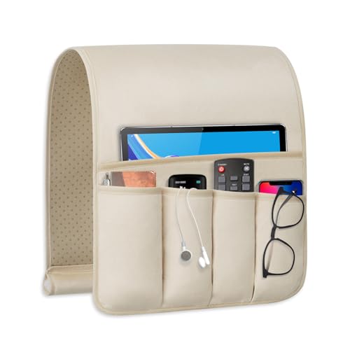 Remote Control Holder for Armchair Caddy, Remote Holder with 5 Pockets - color: Beige, size: 35"x12.4"