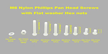 Metric M8 Phillips Pan Head Nylon Screws Nuts Flat Washers Assortment Kit, Screws Length:10mm to 40mm(White) - size: M8