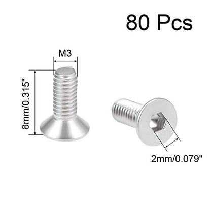 uxcell M3x8mm Flat Head Machine Screws Inner Hex Screw 304 Stainless Steel Fasteners Bolts 80Pcs - size: M3x8mm