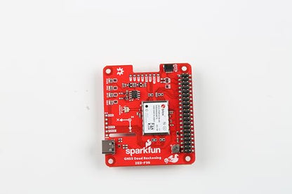 SparkFun GPS-RTK Dead Reckoning pHAT for Raspberry Pi, 3D IMU Sensor, Wheel Ticks, a Vehicle Dynamics Model, Correction Data, and GNSS Measurements. Dimensions: (2.56" x 2.22")