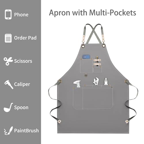 Dulabi Apron, Adjustable Chef Apron for Women and Men with Large Pockets, Cooking Kitchen Apron with Back Straps - color: Grey