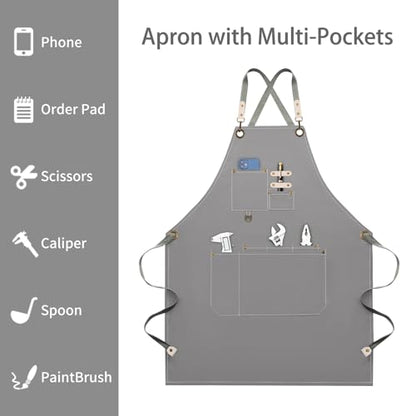 Dulabi Apron, Adjustable Chef Apron for Women and Men with Large Pockets, Cooking Kitchen Apron with Back Straps - color: Grey