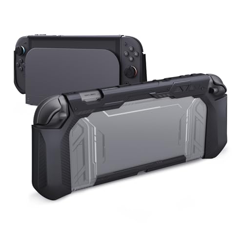 PlayVital Meteor Grip Case for Nintendo Switch 2 with Thumbstick Caps & Ergonomic Grips – Dockable Shockproof Anti-Slip Cover with Clear Back Design for Switch 2 Protective Shell – Black - color: Black