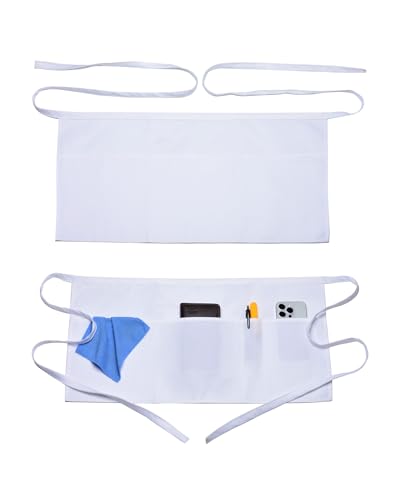 Argstar 2 Pack Server Apron with 4 Pockets, Waitress Waiter Waist WaterDrop Resistant Short Aprons - color: White