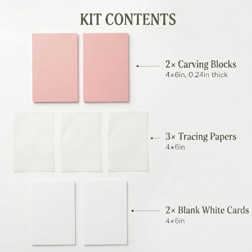 7Pcs 4"×6" Linocut Printmaking Kit, 2 Rubber Carving Blocks with Tracing Papers & Blank Cards