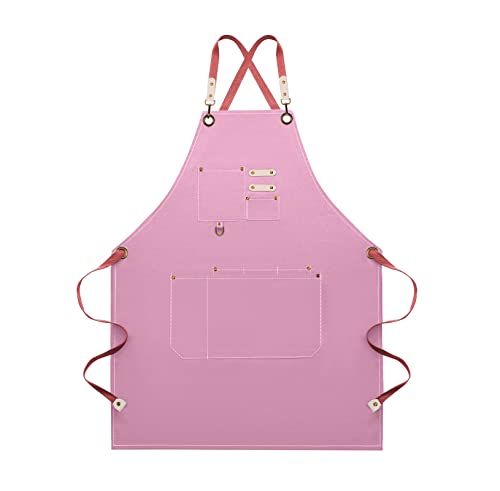 Dulabi Apron, Adjustable Chef Apron for Women and Men with Large Pockets, Cooking Kitchen Apron with Back Straps - color: Pink