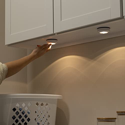 Amazon Basics LED Puck Lights, Battery Operated, 50 Lumens, Under Cabinet Lighting, Easy to Install, Easy to Use, Adhesive Backing, 2-Pack, White - style: Puck Light