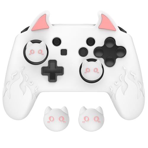 playvital Cute Demon Silicone Grip Cover for Nintendo Switch Pro Controller, Anti-Slip, Kawaii Protective Skin with Joystick Caps and Stickers Compatible with Nintendo Switch Pro- White - color: White