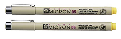 SAKURA PIGMA MICRON 05 FINELINER PEN, 0.45MM LINE WIDTH, PACK OF 2 (Yellow) - color: Yellow