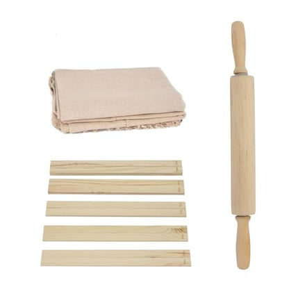 12 Pcs Pottery Tools Kit, Wood Rolling Pin Sculpting Polymer Clay Tools, Portable Pottery Wedging Board/Linen Tablecloth, 10 Pcs 5 Size Pottery Teaching Rolling Mud Stick Guide (Tablecloth)