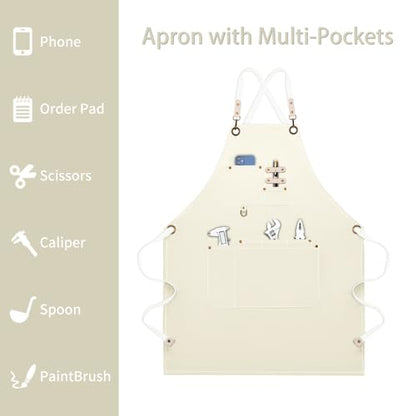 Dulabi Apron, Adjustable Chef Apron for Women and Men with Large Pockets, Cooking Kitchen Apron with Back Straps - color: Beige