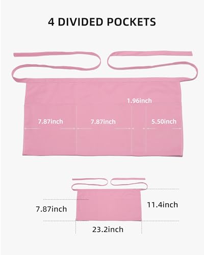 Argstar 2 Pack Server Apron with 4 Pockets, Waitress Waiter Waist WaterDrop Resistant Short Aprons - color: Pink