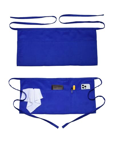 Argstar 2 Pack Server Apron with 4 Pockets, Waitress Waiter Waist WaterDrop Resistant Short Aprons - color: Blue