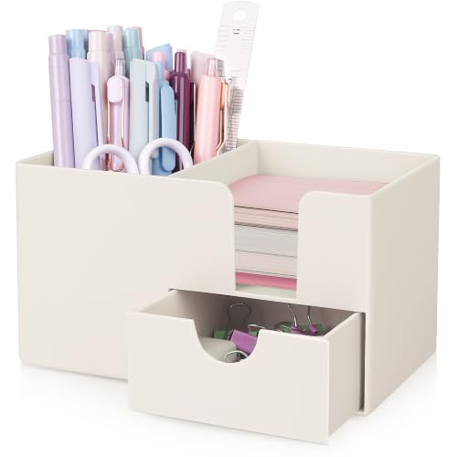 SKYDUE Small Desk Organizer with Sticky Notes Holder,Pen Holder for Desk - color: Beige