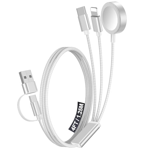 1Pack Travel Essentials for Apple Watch Charger,3-in-2 Multi Charging Cable - color: White, size: 1Pack-4FT