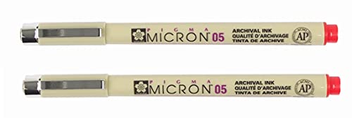 SAKURA PIGMA MICRON 05 FINELINER PEN, 0.45MM LINE WIDTH, PACK OF 2 (Red) - color: Red