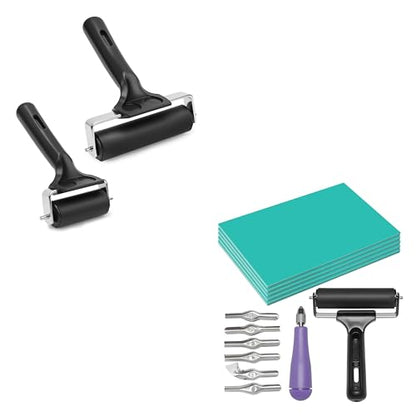 UCEC 2+7 Pack Brayer Roller for Printmaking – Durable Rubber Roller for Ink, Paint & Linocut Block Printing Kit – Includes 5 Soft 4" x 6" Linoleum Blocks and Lino Cutting Tools with 6 Blades Universal