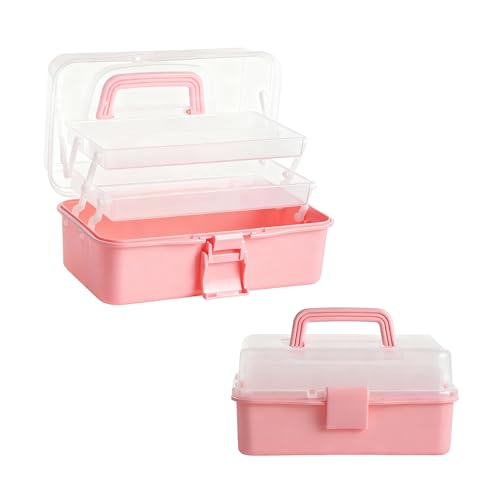 3 Layers Craft Organizers and Storage with Handle Portable, Pink - color: Pink