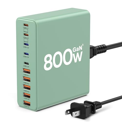 800W USB C Charger Block,10-Port Charging Station - color: Green