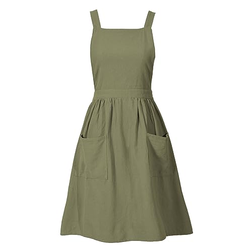 Pinknoke Cute Cotton Pinafore Aprons for Women with Pockets for Kitchen - color: Olive Green