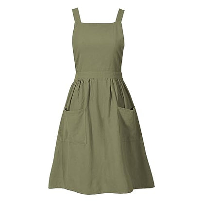 Pinknoke Cute Cotton Pinafore Aprons for Women with Pockets for Kitchen - color: Olive Green