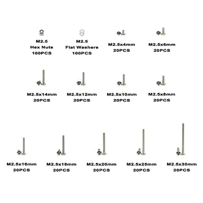 420PCS M2.5 Phillips Pan Head Machine Screws Nuts Flat Washers Kit;304 Stainless Steel;Screws Length:4mm to 30mm - size: M2.5