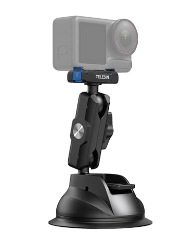 TELESIN Suction Cup Car Mount for DJI Action 6 5 pro/4/3 – Strong Magnetic Base, 360° Adjustable Dual Ball Head, Quick Release Camera Mount for Windshield, Dashboard & Smooth Surfaces