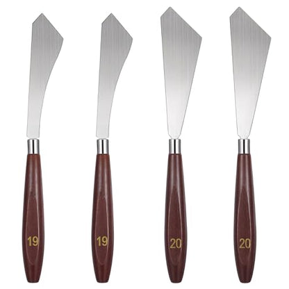 4 Pcs Pallet Knife Set, Stainless Steel No.19 No.20 Palette Knives Art Spatula with Wood Handle Scraper for Oil Canvas Acrylic Sculpting Mixing Texturing