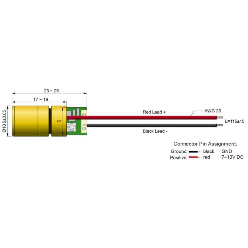 520nm Green Laser Module, VLM-520-02 LPT, Adjustable Focus, Class 2, less than 1mW, APC Driver, 7-10VDC for Industrial Alignment & OEM Integration