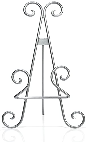 Red Co. 11” Tall Decorative Curved Scroll Metal Wire Display Plate Stand & Art Holder Easel, Silver