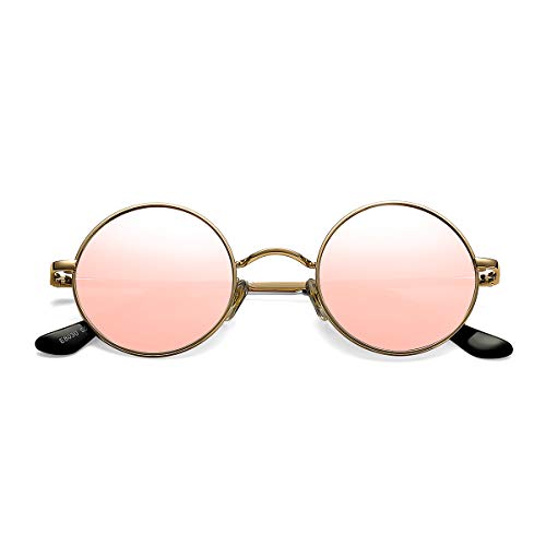 Pro Acme Small Round Polarized Sunglasses for Women Men Retro Metal Shades - color: D1 - Gold Frame/Pink Mirrored Lens