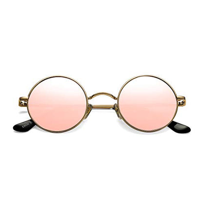 Pro Acme Small Round Polarized Sunglasses for Women Men Retro Metal Shades - color: D1 - Gold Frame/Pink Mirrored Lens