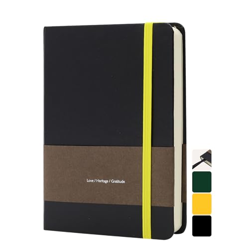 A5 Leather Hardcover Notebook - 192 Pages Thick 100GSM Paper, Dotted/Grid/Blank, with Elastic Band & Inner Pocket for Writing, Sketching, Journaling (Black)