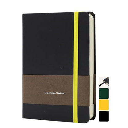 A5 Leather Hardcover Notebook - 192 Pages Thick 100GSM Paper, Dotted/Grid/Blank, with Elastic Band & Inner Pocket for Writing, Sketching, Journaling (Black)