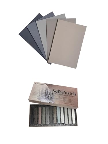 MAIMOUFIN Sanded Pastel Paper Trial Pack of 5 Sheets&12-Pack Grey Tone Square Soft Pastels