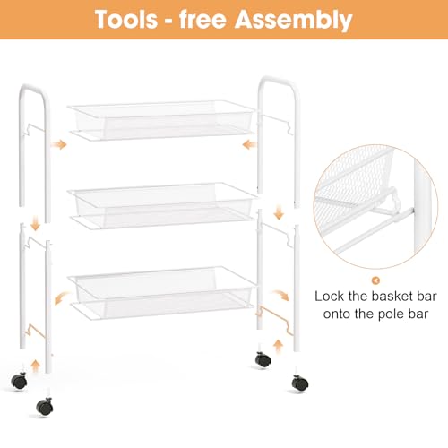 TOOLF 3 Tier Rolling Cart, Metal Utility Storage Cart with Wheels, White - color: White, size: 3-Tier